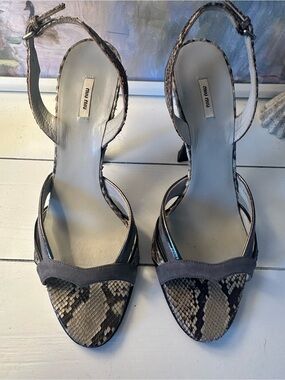 Vintage Miu Miu Gray Python Snake-Print Slingback Sandals